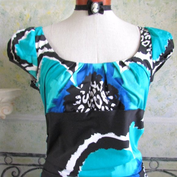 FLORAL DRESS, 8, SUZI CHIN ART in TURQUOISE, BLACK & WHITE COTTON BODYCON MIDI - Picture 5 of 5